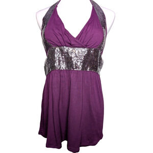 VTG Y2K Purple Babydoll Baddie Dark Fairy Whimsigoth Sequin Band Halter Cami XS